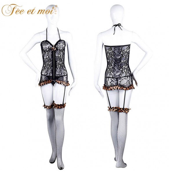 FEE ET MOI Sexy Leopard Print Suspender Fishnet Bodysuit With Stockings (Black)